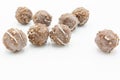 Chocolate ball isolated on white background, Sugared hazelnut dragees in chocolate